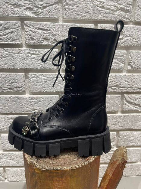 BY O LA LA...! BUTY BOTKI WORKERY ŁAŃCUCH CZARNE