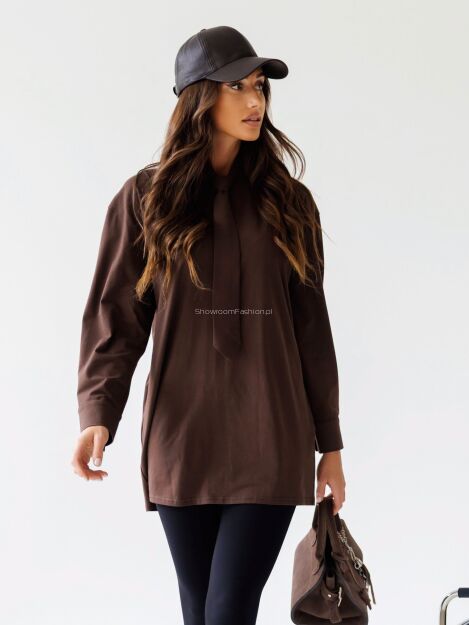BY O LA LA..! BLUZA TUNIKA Z KRAWATEM BRAZ (ESPRESSO)