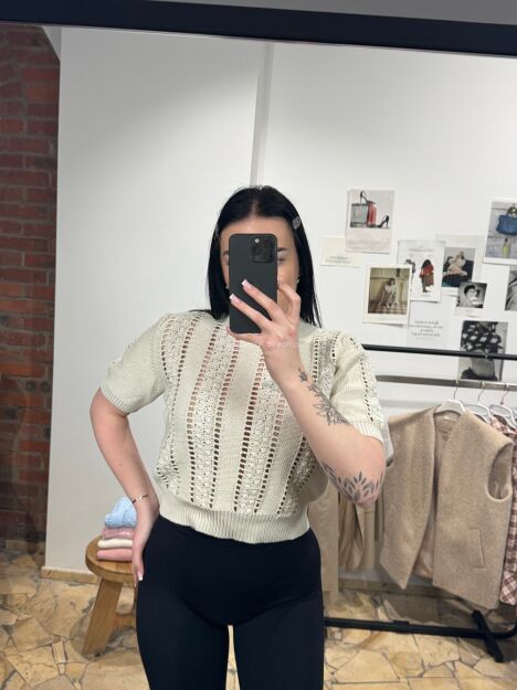 SEMPRE KRÓTKI SWETER AŻUROWY BEŻ