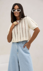 SEMPRE KRÓTKI SWETER AŻUROWY BEŻ