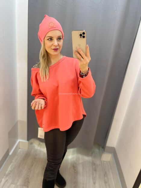 BY O LA LA! OVERSIZOWA BLUZA Z WYCIĘCIEM NA PLECACH KORAL