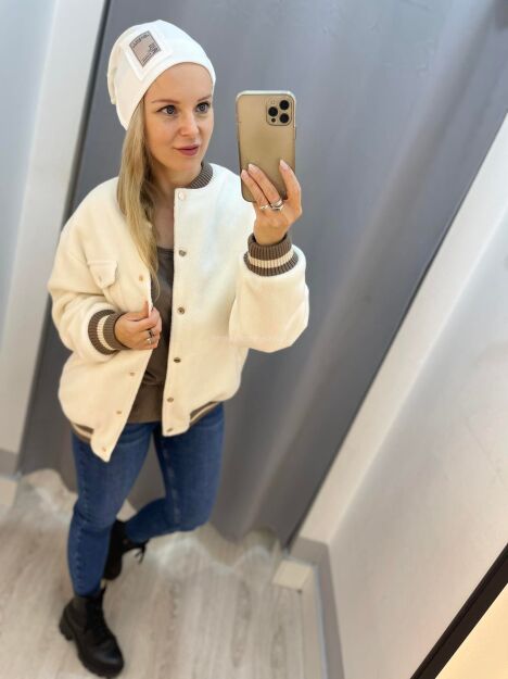 BY O LA LA! FLAUSZOWA KURTKA BOMBER ECRU/ZIEMISTA