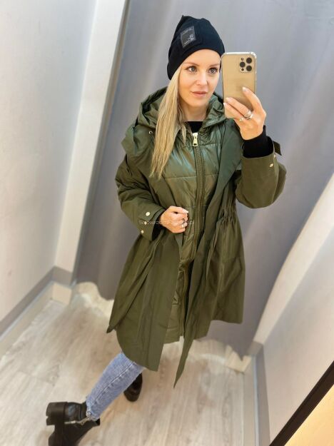 BY O LA LA! ZESTAW PŁASZCZ PARKA + KAMIZELKA KHAKI