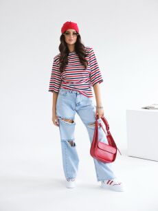 BY O LA LA! BLUZKA T-SHIRT W PASKI Z PODUSZKAMI OFF WHITE/DENIM/RED KISS