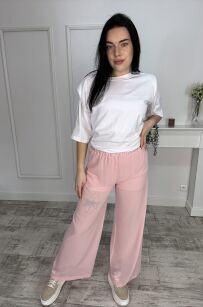 BY O LA LA!  LEKKIE SPODNIE WIDE LEG Z SZORTAMI RÓŻ