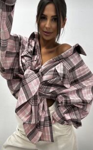 EMO DŁUGA OVERSIZOWA KOSZULA W KRATĘ  RÓŻ/BRĄZ/MARCEPAN
