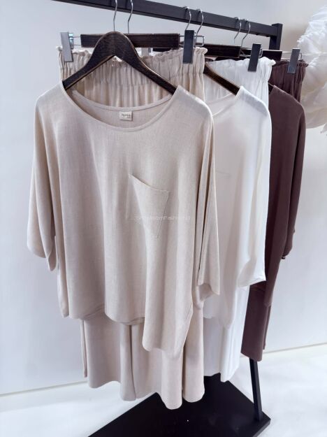 BY O LA LA...! LNIANY KOMPLET BLUZKA Z KIESZONKĄ + SPODNIE WIDE LEG OFF WHITE