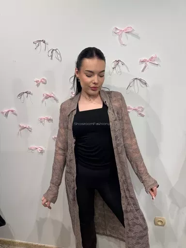 BY O LA LA! DŁUGA KORONKOWA KOSZULA TUNIKA TAUPE