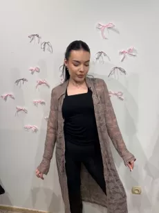 BY O LA LA! DŁUGA KORONKOWA KOSZULA TUNIKA TAUPE