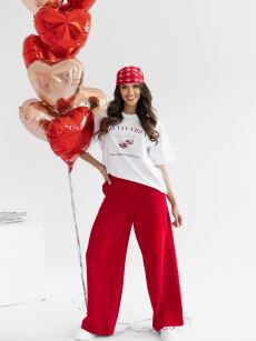 BY O LA LA ! SPODNIE DRESOWE WIDE LEG SELENA CZERWONE (RED KISS)