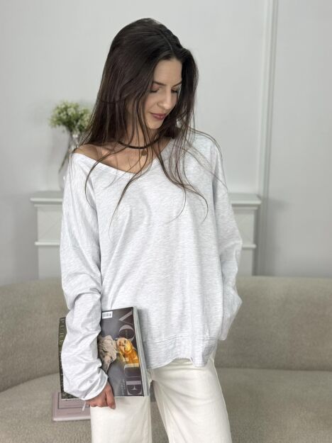BY O LA LA! ASYMETRYCZNA BLUZKA BASIC V-NECK LOL SZARA