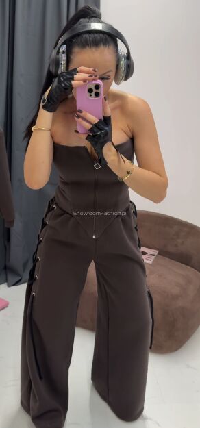 LA MILLA SPODNIE DRESOWE WIĄZANE PO BOKACH WIDE LEG CZEKOLADA