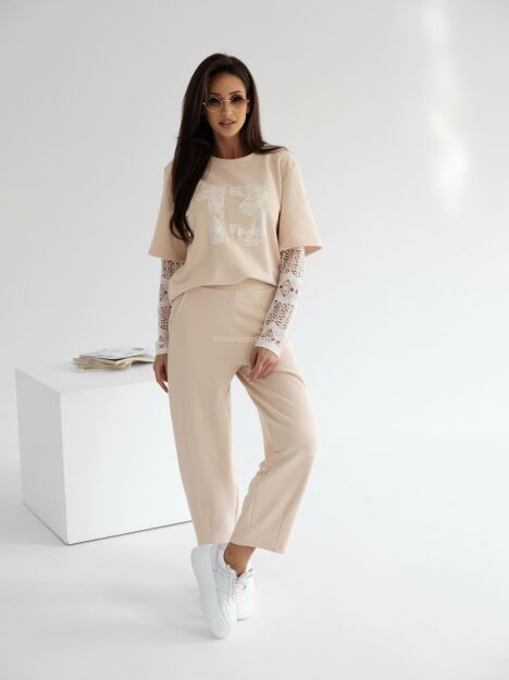 BY O LA LA...! KOMPLET Z KORONKĄ BLUZKA + SPODNIE '13' BEŻ (NUDE)