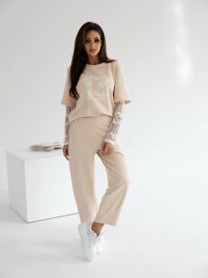BY O LA LA...! KOMPLET Z KORONKĄ BLUZKA + SPODNIE '13' BEŻ (NUDE)