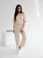 BY O LA LA...! KOMPLET Z KORONKĄ BLUZKA + SPODNIE '13' BEŻ (NUDE)