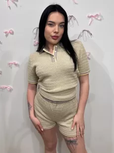 SEMPRE KOMPLET DZIANINOWY TOP POLO + SZORTY SZARY/ŻÓŁTY