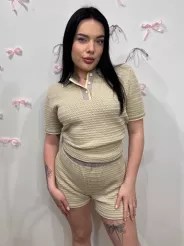 SEMPRE KOMPLET DZIANINOWY TOP POLO + SZORTY SZARY/ŻÓŁTY