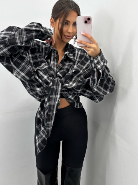 EMO OVERSIZOWA FLANELOWA KOSZULA W KRATĘ CZERŃ/SZAROŚĆ/BIEL