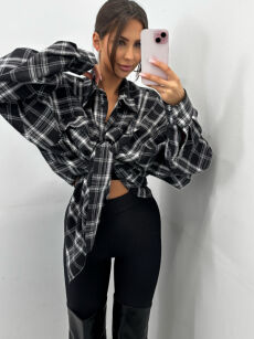 EMO OVERSIZOWA FLANELOWA KOSZULA W KRATĘ CZERŃ/SZAROŚĆ/BIEL