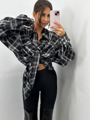 EMO OVERSIZOWA FLANELOWA KOSZULA W KRATĘ CZERŃ/SZAROŚĆ/BIEL