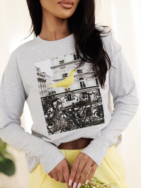 BY O LA LA! BLUZKA PODWÓJNY RĘKAW BIRD SZARA (GREY MELANGE)/ŻÓŁTA