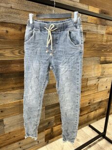 BY O LA LA...! SPODNIE GNIECIONE Z TROKAMI JEANS NIEBIESKIE
