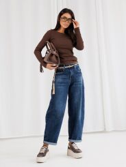 BY O LA LA! SPODNIE JEANSY BALLOON Z BEŻOWĄ NASZYWKĄ NIEBIESKIE