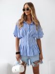 BY O LA LA! KOSZULA TALIOWANA W PASY BIEL/DENIM - 3
