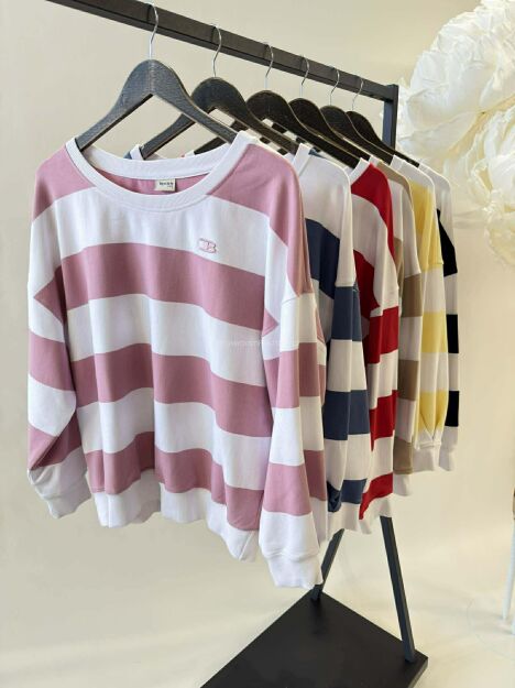 BY O LA LA! DRESOWA BLUZA W SZEROKIE PASY OFF WHITE/CZARNA