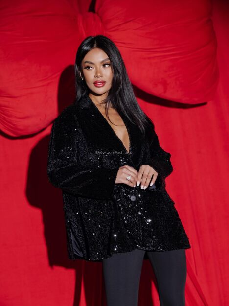 BY O LA LA...! OVERSIZOWA MARYNARKA Z CEKINAMI CZARNA