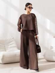 BY O LA LA...! SPODNIE WIDE LEG Z KORONKOWYMI LAMPASAMI CZEKOLADA (CHOCOMUS)