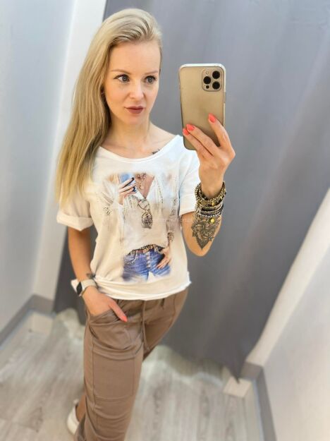 BY O LA LA...!  BLUZKA T-SHIRT SELFIE BIEL/ZŁOTO
