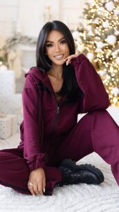 BY O LA LA...! OCIEPLANY KOMPLET BLUZA + SPODNIE LAMPASY BORDO (MERLOT)