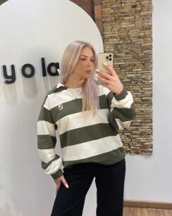 BY O LA LA! BLUZA POLO W PASY PERŁA/OLIWKA