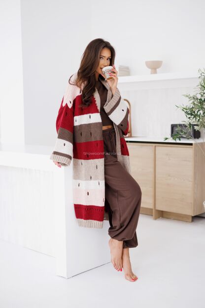 BY O LA LA...! SWETER KARDIGAN Z DZIURAMI W GRUBE PASY BEŻ/RÓŻ/MERLOT/ŚMIETANA/BRĄZ