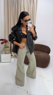 LA MILLA SPODNIE JEANSY DZWONY HIGH WAIST NIEBIESKIE/BEŻ/ZIELEŃ