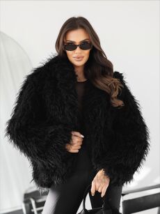 BY O LA LA! KRÓTKIE FUTERKO LAMA Z KAPTUREM CZARNE