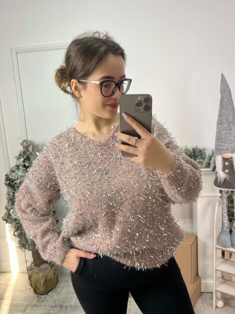 BY O LA LA.. ! SWETER V-NECK Z LUREKSOWĄ NITKĄ KWARC ROSE