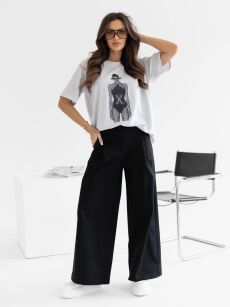 BY O LA LA! DRELICHOWE SPODNIE WIDE LEG Z ZAKŁADKAMI CZARNE