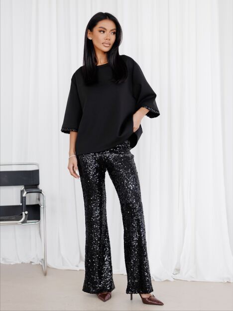 BY O LA LA...! KOMPLET BLUZKA + SPODNIE CEKINY CZARNY