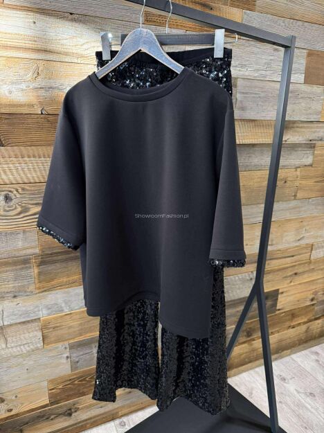 BY O LA LA...! KOMPLET BLUZKA + SPODNIE CEKINY CZARNY