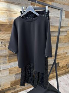 BY O LA LA...! KOMPLET BLUZKA + SPODNIE CEKINY CZARNY