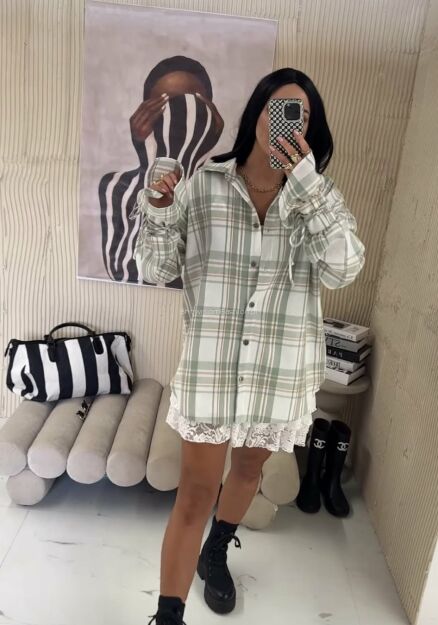 LA MILLA KOSZULA W KRATĘ WIĄZANE RĘKAWY ELEMI ZIELEŃ/ECRU/KARMEL