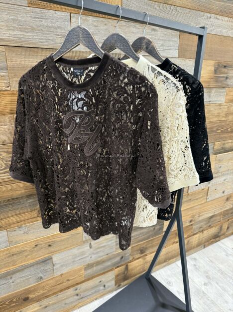 BY O LA LA! T-SHIRT KORONKOWY Z LOGO CHOCOMUS (CZEKOLADA)