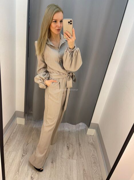 BY O LA LA...! KOMBINEZON Z PASKIEM BEŻ