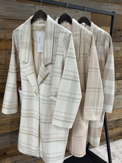 BY O LA LA! PŁASZCZ W KRATĘ BEŻ/STONE/ŚMIETANA