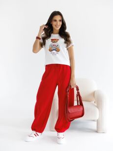 BY O LA LA ! SPODNIE DRESOWE Z ZASZEWKAMI KYLIE RED KISS