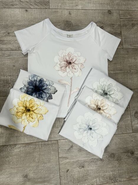 BY O LA LA! BLUZKA T-SHIRT FLOWER BIEL/BEŻ