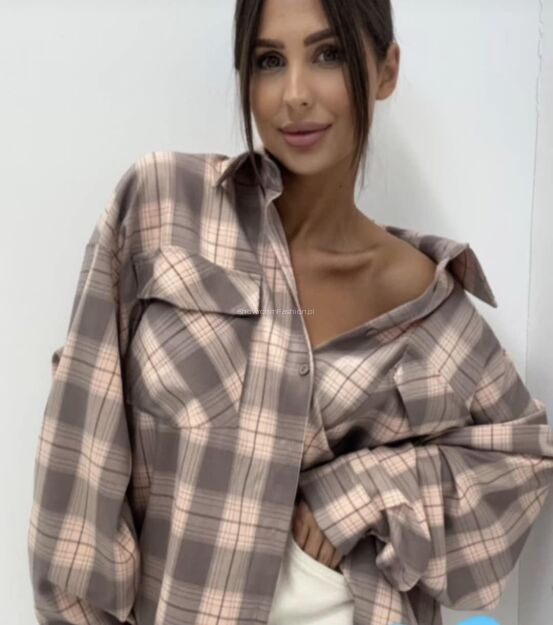 EMO DŁUGA OVERSIZOWA KOSZULA W KRATĘ  LATTE/ŁOSOŚ