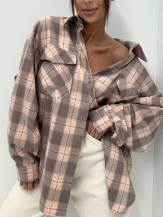 EMO DŁUGA OVERSIZOWA KOSZULA W KRATĘ  LATTE/ŁOSOŚ